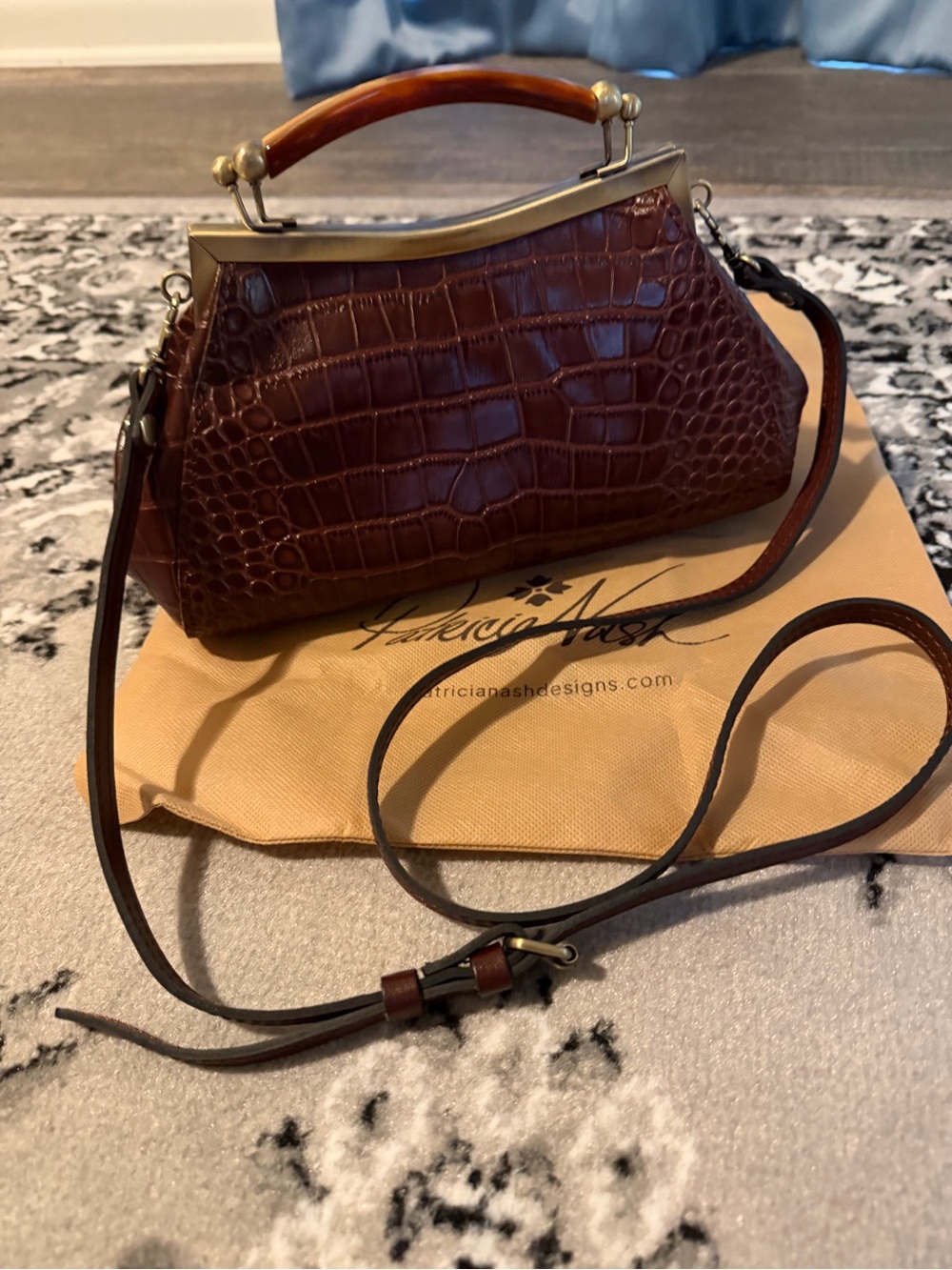Patricia Nash Dark Brown Croc-Embossed Satchel with Tortoiseshell Top Handle - Picture 2 of 6